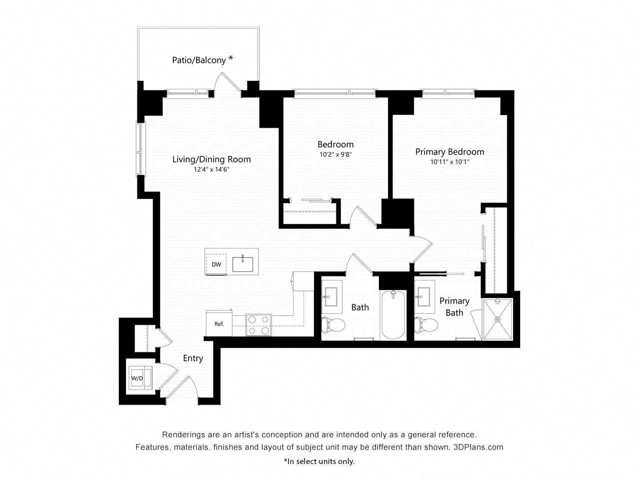 Floor plan for 2 beds, 2 baths, 924 sqft